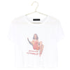 white cropped t-shirt with hand printed festive print