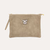 suede taupe clutch and shoulder bag with bedazzled teddy head