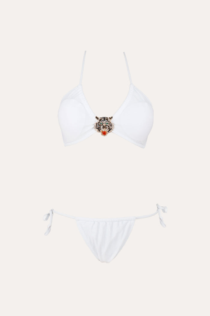 white stretch bikini with ties and tiger embellishment