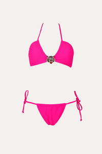 pink stretch bikini with ties and tiger embellishment