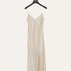 easy to wear v-neck, mid-length slip dress with a side slit