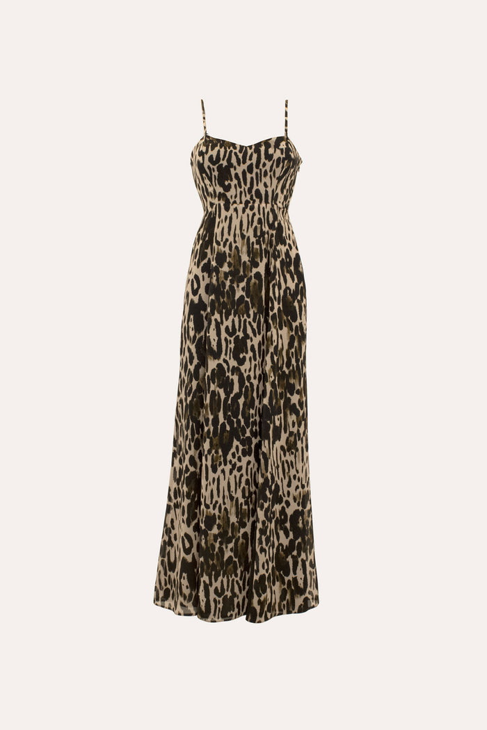 silky, double lined, leopard print maxi summer dress 