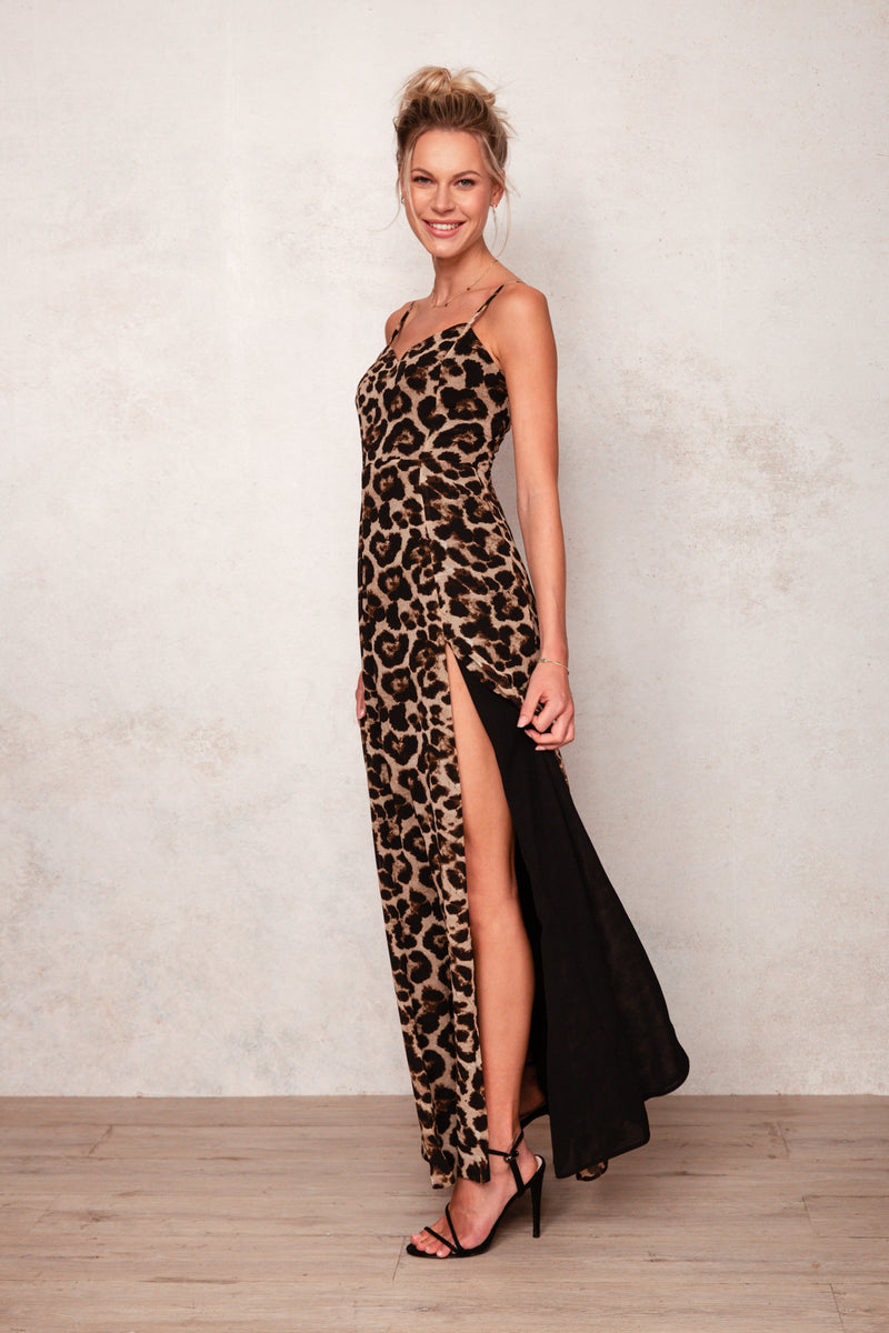 women's summer leopard print silky maxi dress with side slit