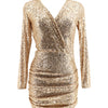 v-neck sequin mini faux wrap dress with ruched skirt