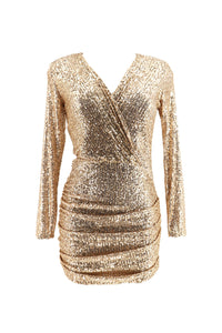 v-neck sequin mini faux wrap dress with ruched skirt