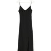 easy to wear v-neck, mid-length slip dress with a side slit