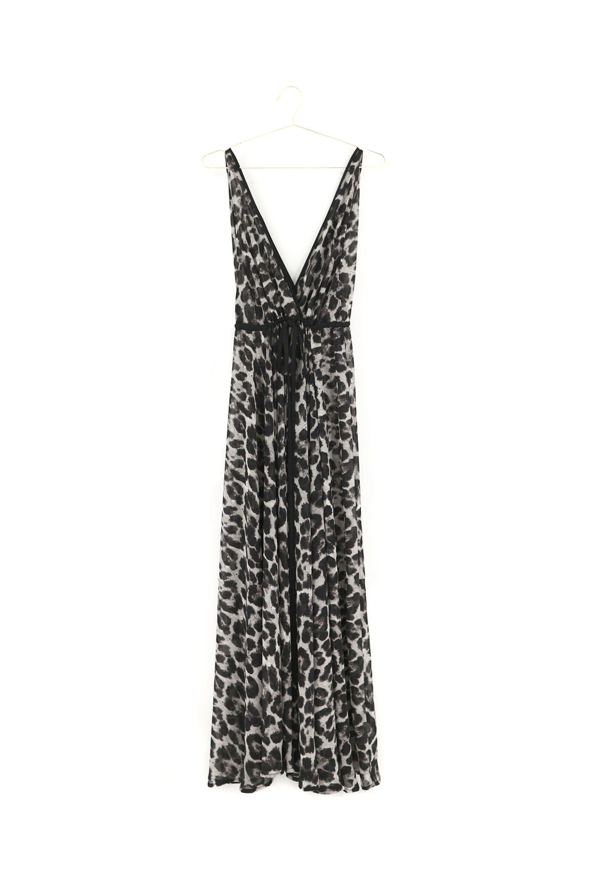 loose fitted flowing maxi dress with waist drawstring in grey leopard print
