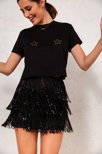 beaded tasseled mini party skirt
