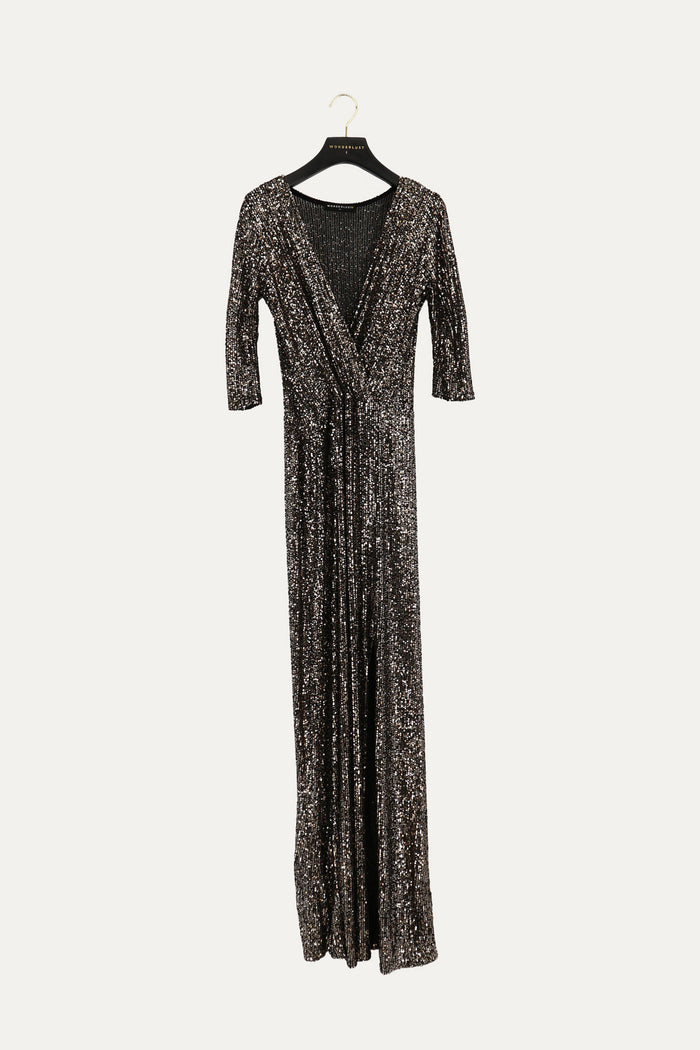 maxi sequin party dress with side slit and faux wrap front
