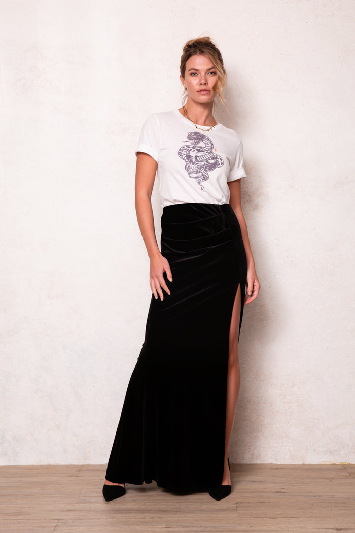 long black velvet maxi skirt with ruching and side slit