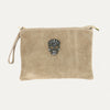 suede clutch with jewelled skull embellishment