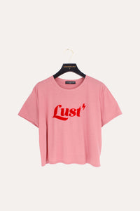 faded raspberry pink crop tee with velvet lettering