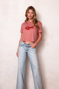 faded raspberry pink crop tee with velvet lettering