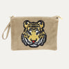 suede clutch bag with sequin tiger embellishment