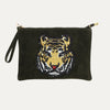 suede clutch bag with sequin tiger embellishment